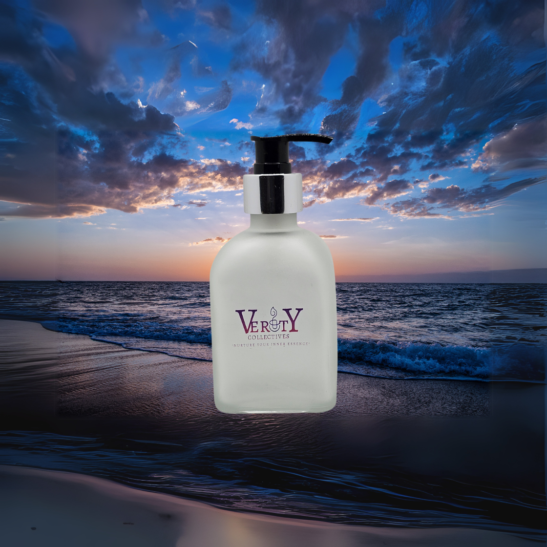 Verity Collectives Black Sea Scented Body lotion with the ocean and an evening sunset with clouds in the background