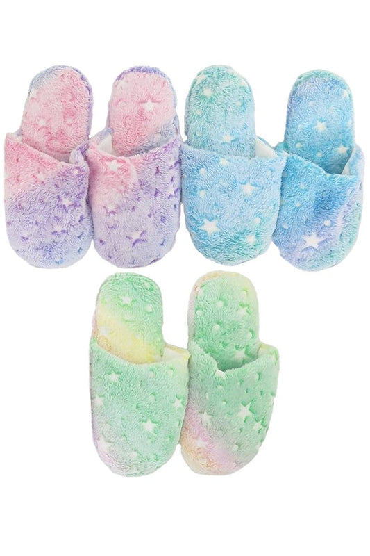 Set of pastel-colored slippers with star pattern on a white background