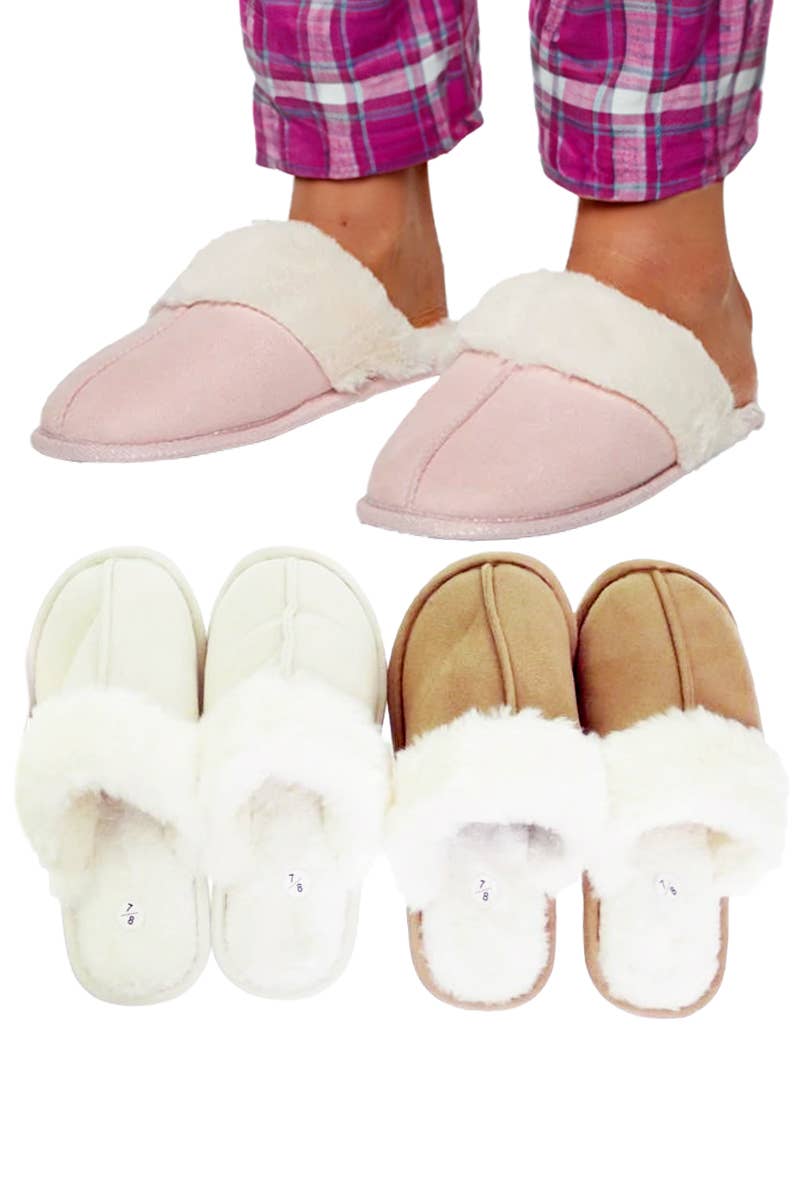 Pair of pink and white slippers worn by a person, with additional pairs displayed below.