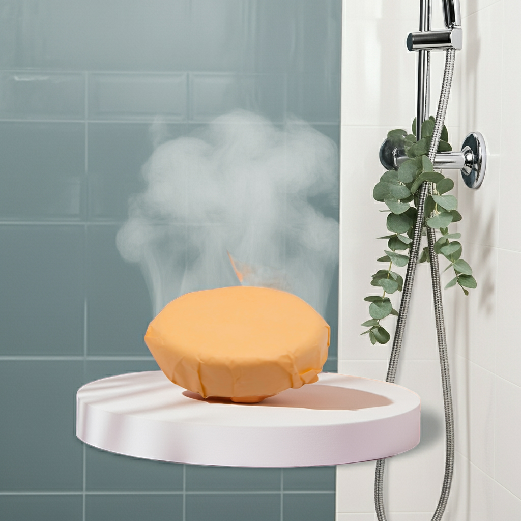Steaming soap on a soap dish in a shower with steam rising