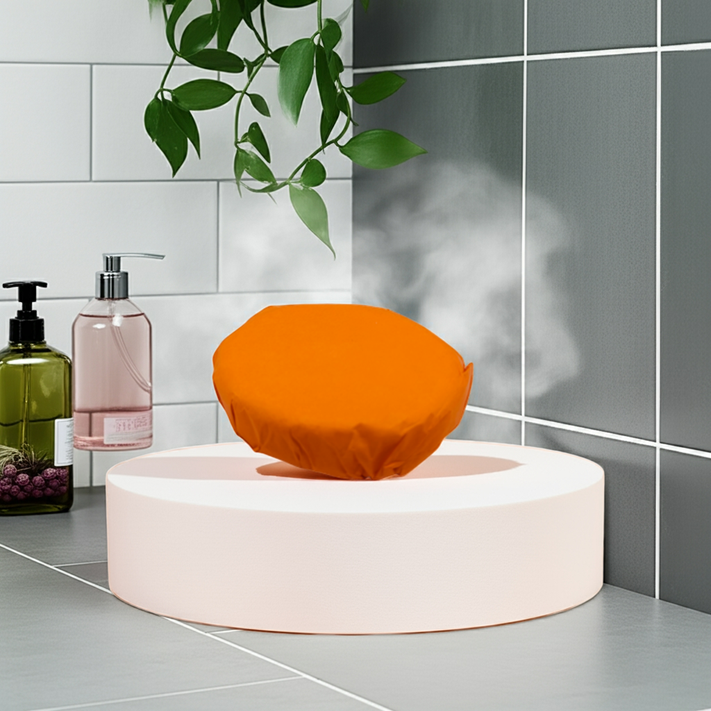 Orange diffuser on a white stand with steam in a bathroom setting