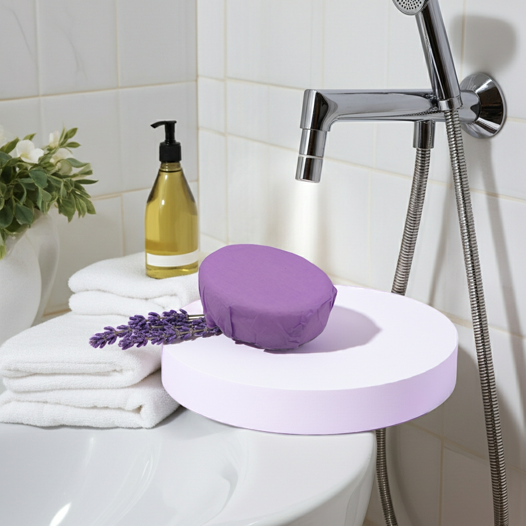 Purple bath bomb on a white bath pillow with towels and soap in the background.