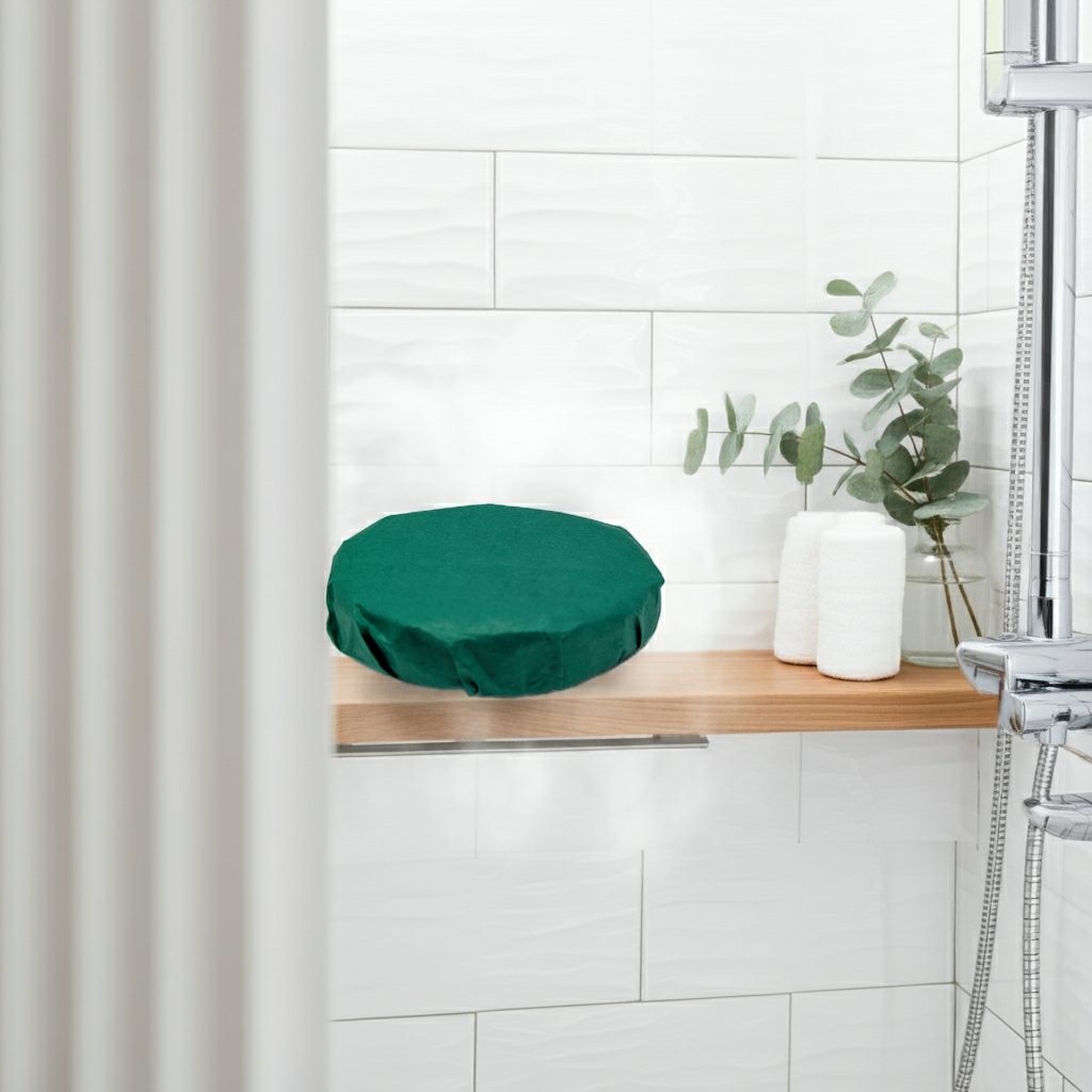Green cushion on a wooden shelf against a white tiled wall with a plant and candle.