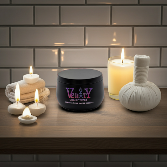 Verity Collectives product with candles and massage ball on a wooden surface against a tiled wall background
