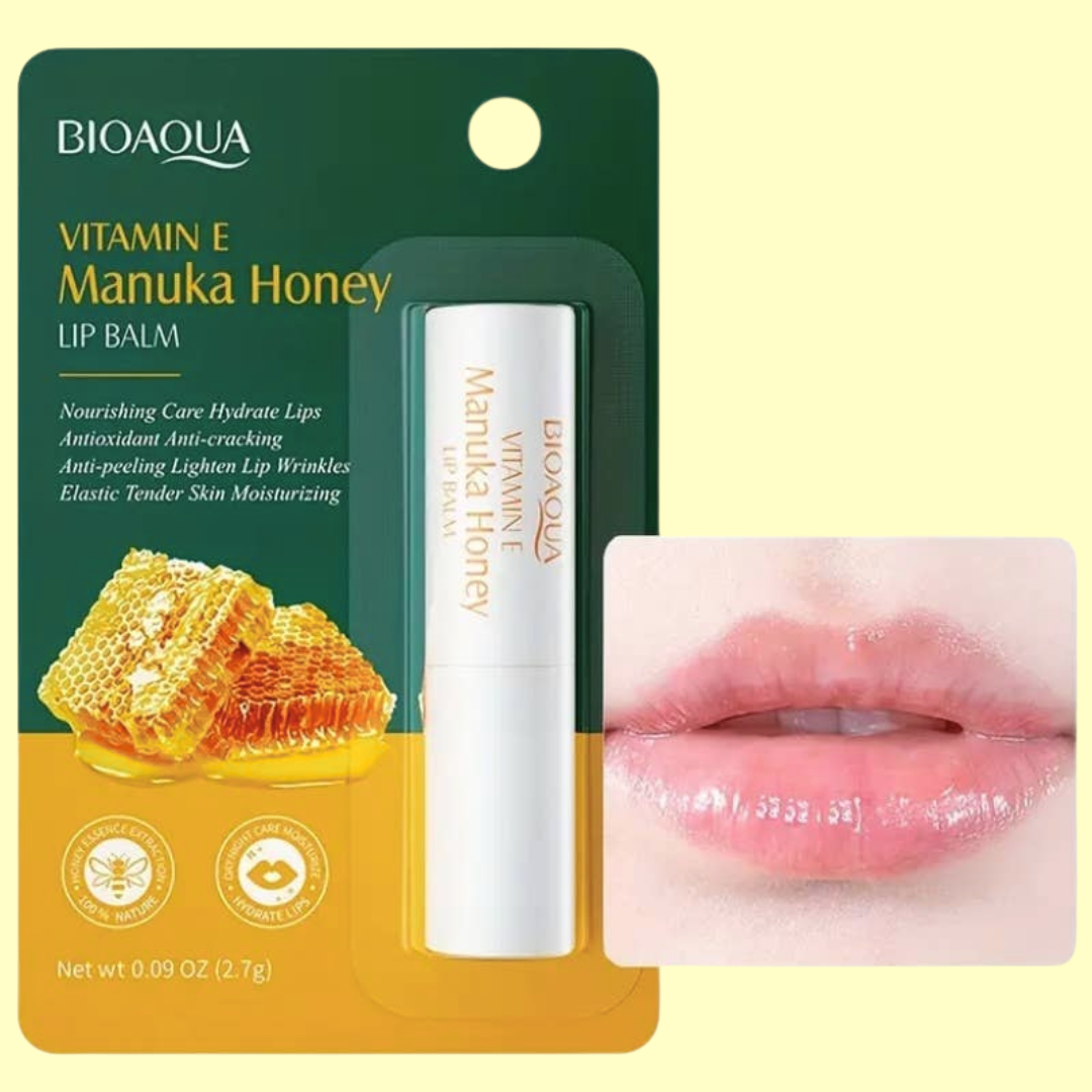 BIOAQUA Vitamin E Manuka Honey lip balm packaging with a close-up of lips.