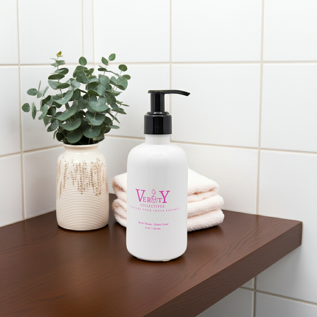 Bottle of 'Very' soap on a wooden shelf with a plant and towels in the background.