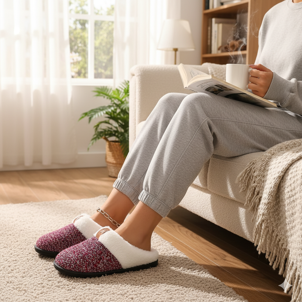 Person wearing red and white slippers sitting on a couch in a cozy living room.