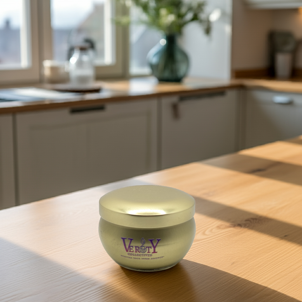 Candle from Verity Collectives on a kitchen counter with a blurred kitchen background