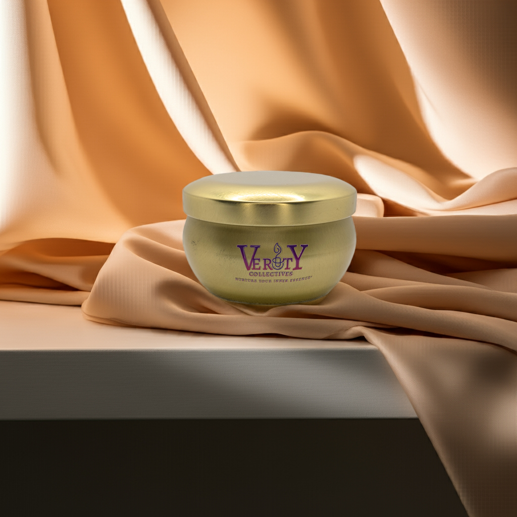 Gold colored candle sitting on a shelf with apricot colored backdrop