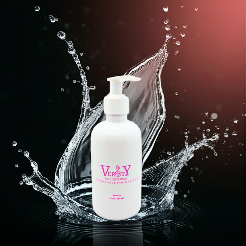 White bottle with pump dispenser surrounded by water splashes on a dark background