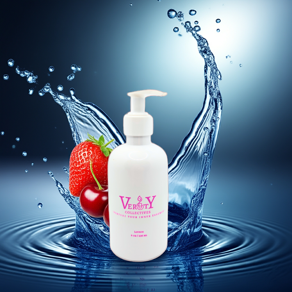 White bottle with pump, strawberries, and water splash on a blue background