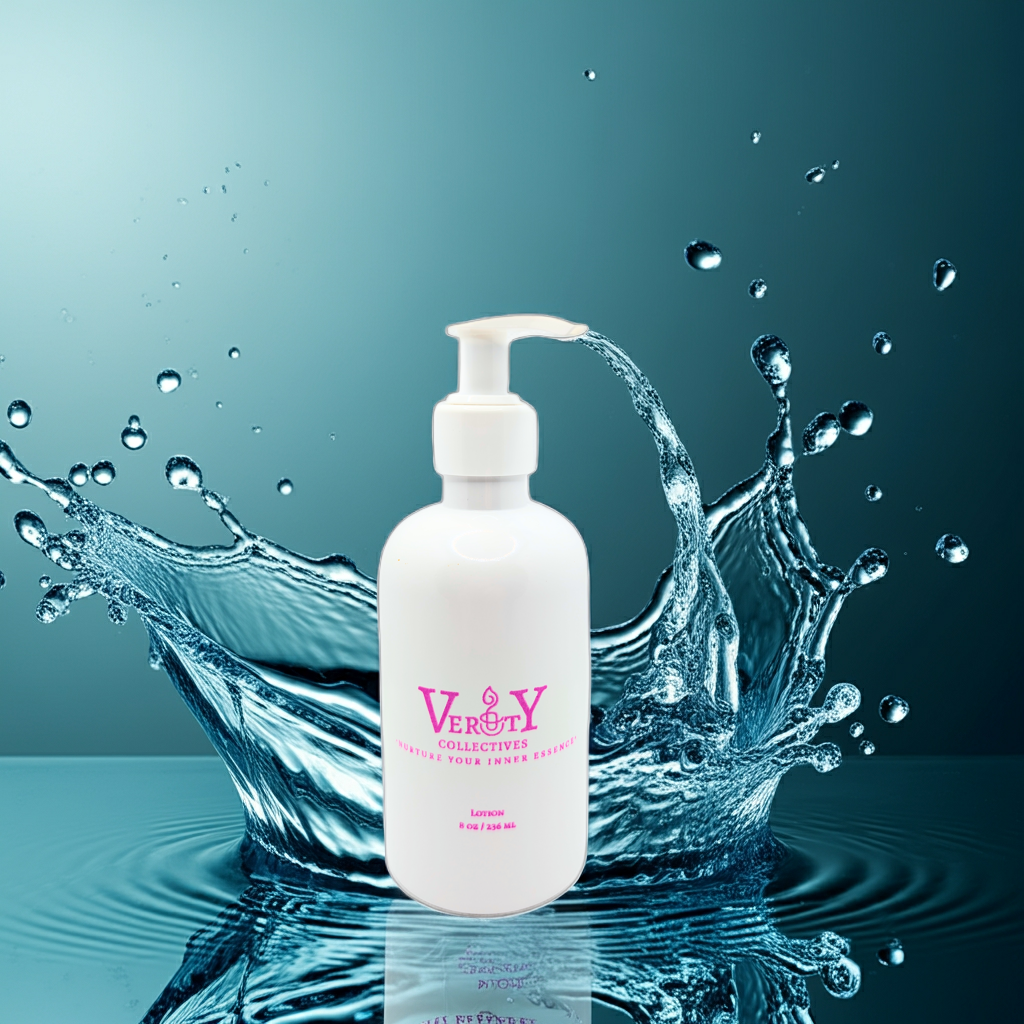 White bottle with pink label surrounded by water splashes on a teal background