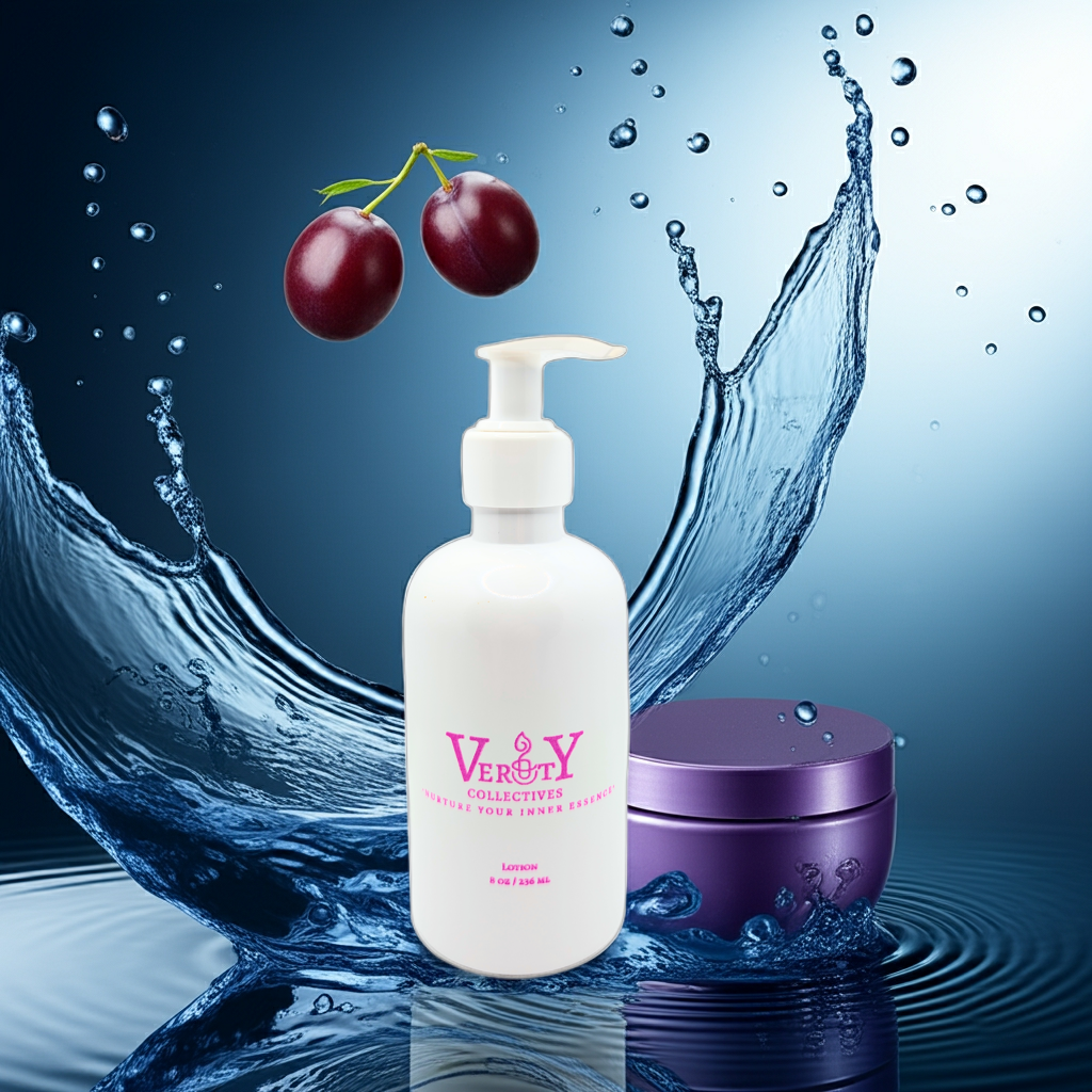 White pump bottle and purple container with grapes and water splash on a blue background