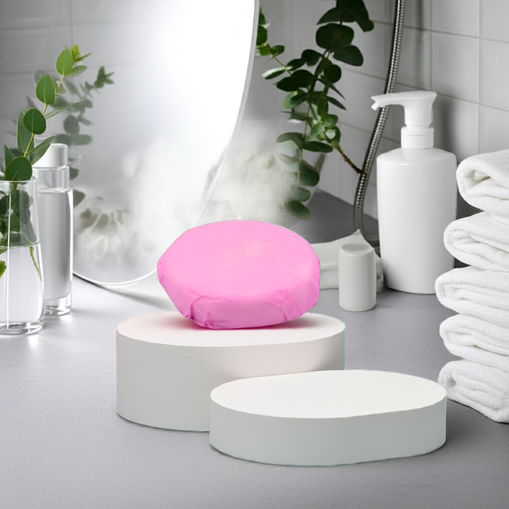 Pink soap on a white stand with a mirror, towels, and plants in the background