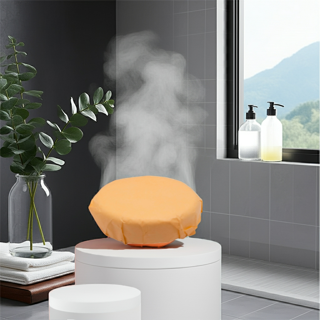 Orange humidifier emitting steam in a bathroom setting with a plant and window view.