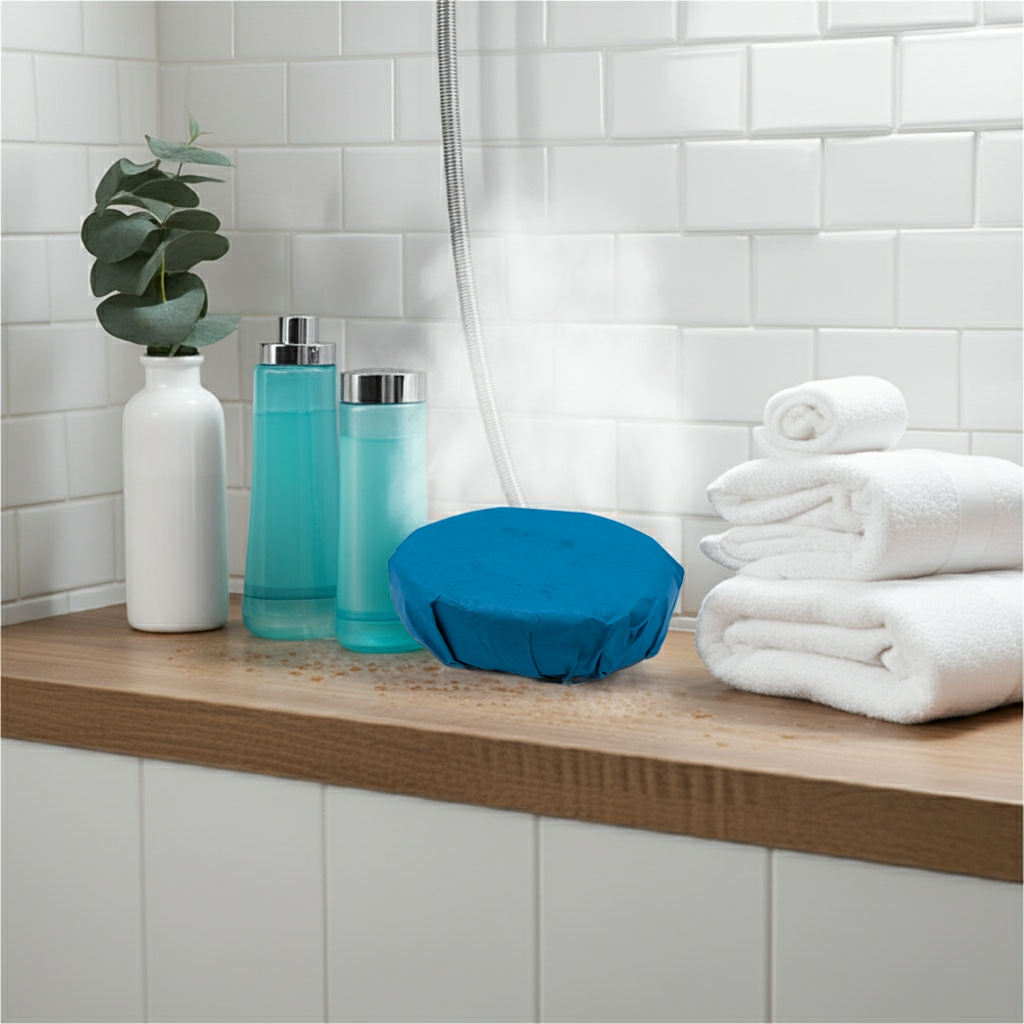 Bathroom counter with blue cushion, towels, and bottles against a tiled wall.