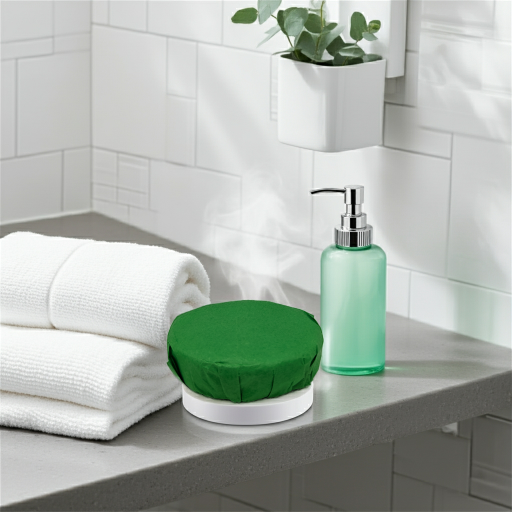 Green bottle and green cover on a bathroom counter with white towels and plant.