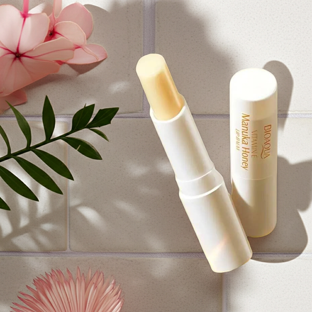 Lip balm tube on a light surface with pink flowers and green leaves in the background
