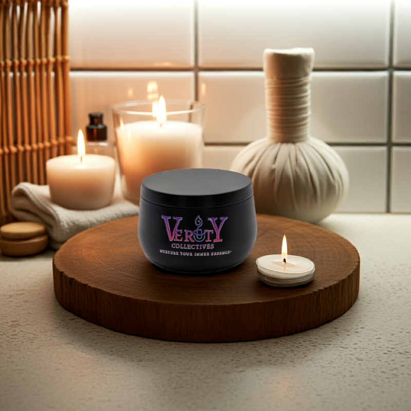 Black container with 'Verity Collectives' branding on a wooden stand with candles and a bottle in the background.