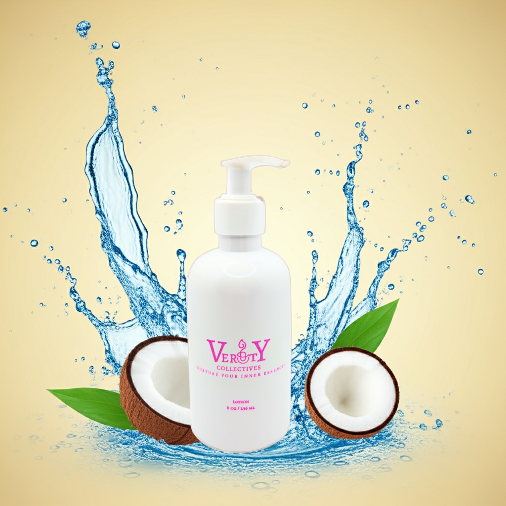 White pump bottle with 'Verity' branding surrounded by coconut halves and water splashes on a beige background