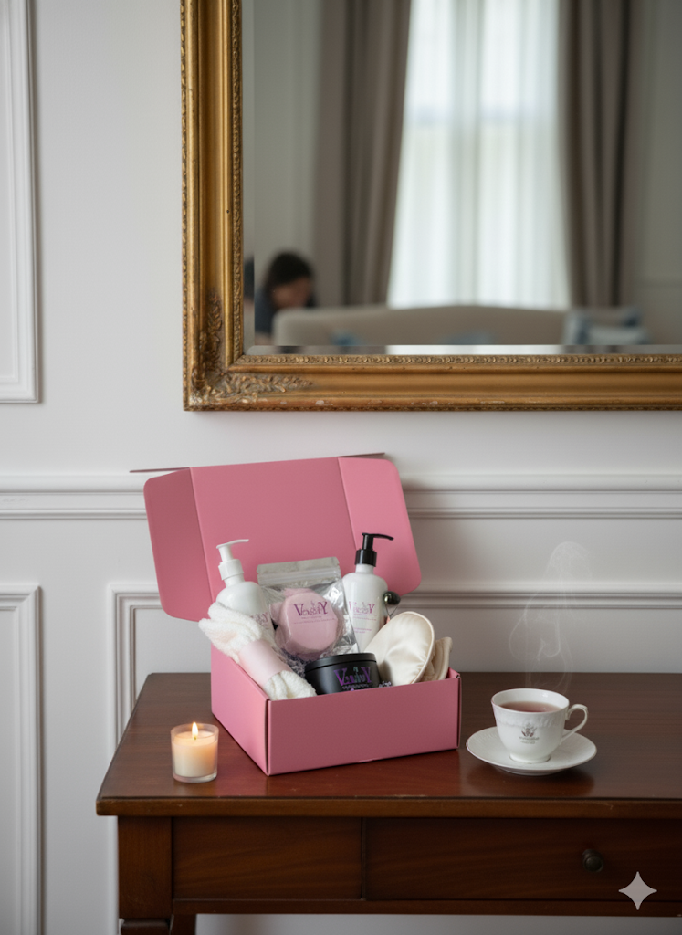 Pink box with verity Collectives skincare products on a wooden table in a room with a mirror and window.