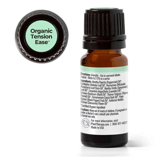 list of ingredients for organic tension ease against white background
