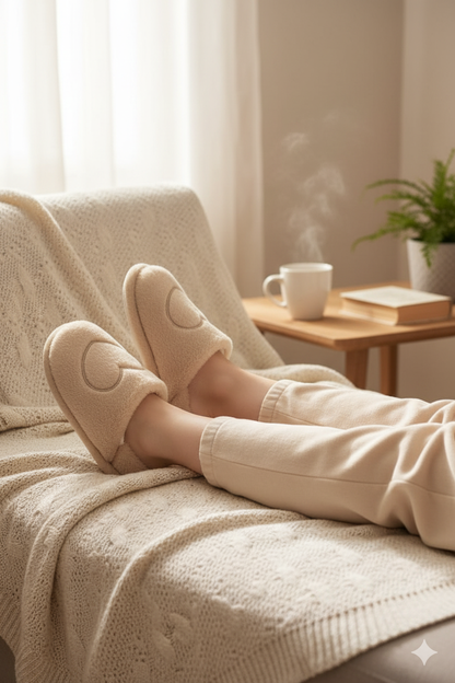 Big Heart Embroidered Fuzzy Sherpa Lounge Slippers