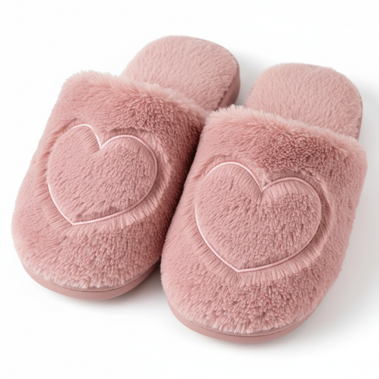 Big Heart Embroidered Fuzzy Sherpa Lounge Slippers