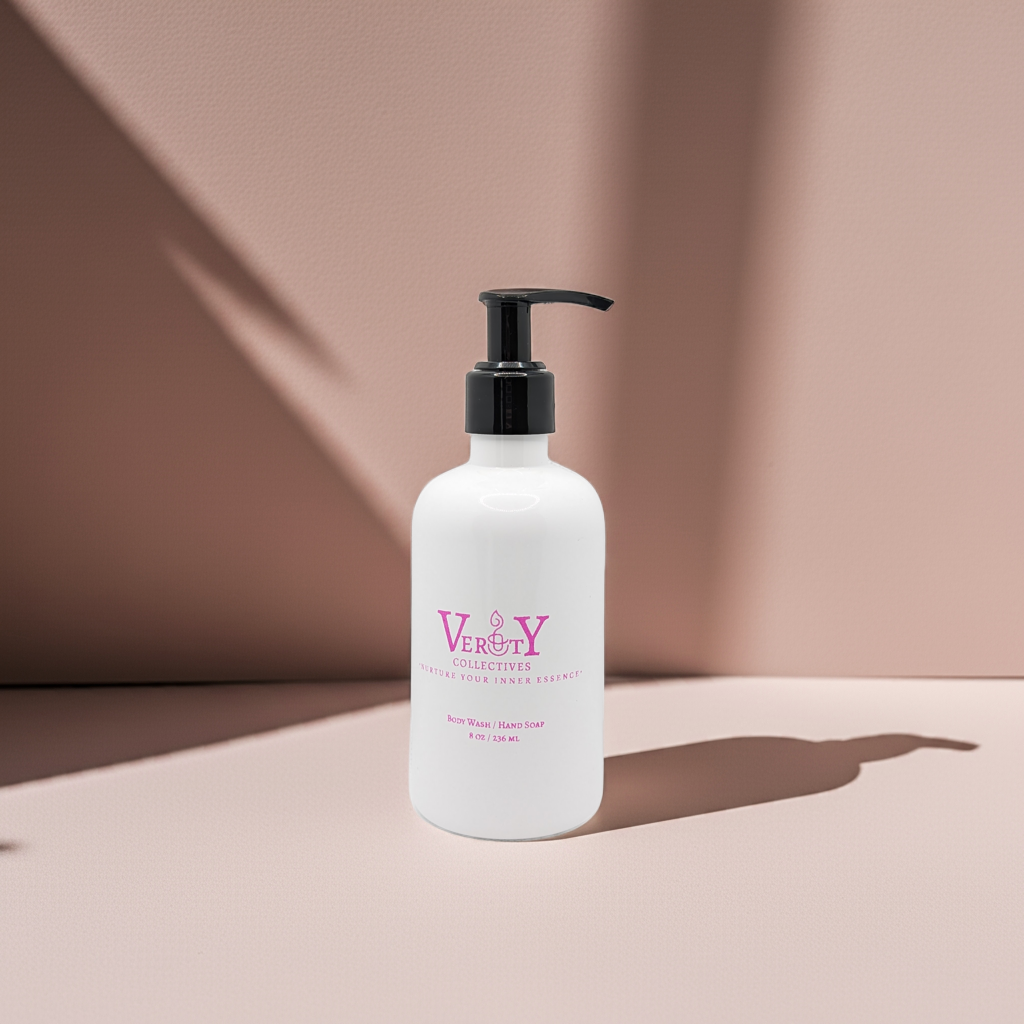 White bottle with black pump and Verity Collectives branding on a beige background