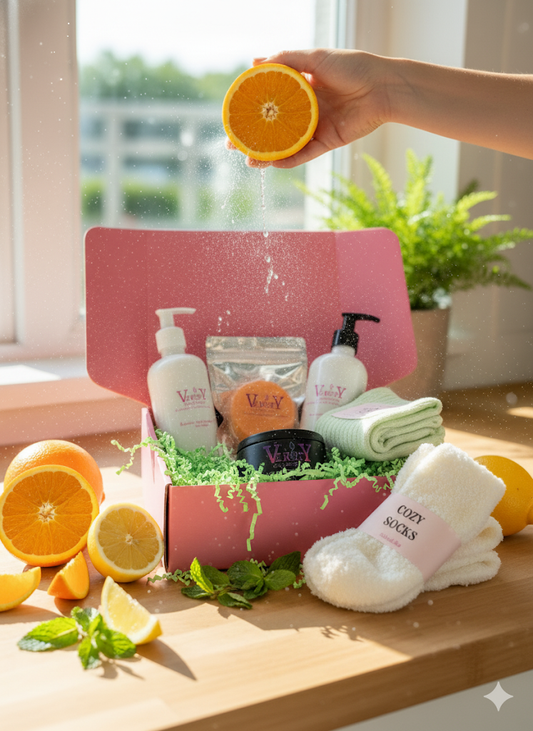 Pink gift box with Verity Collectives self-care items including a bottle, towel, and socks on a wooden surface with oranges and plants in the background.