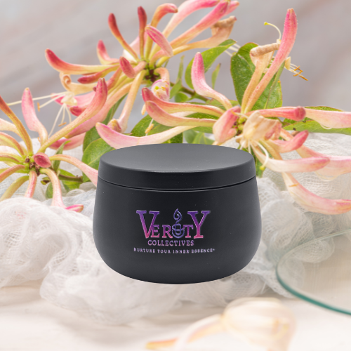 Verity Collectives Black Honey Suckle Jasmine Candle with Honeysuckle and Jasmine flowers in the background
