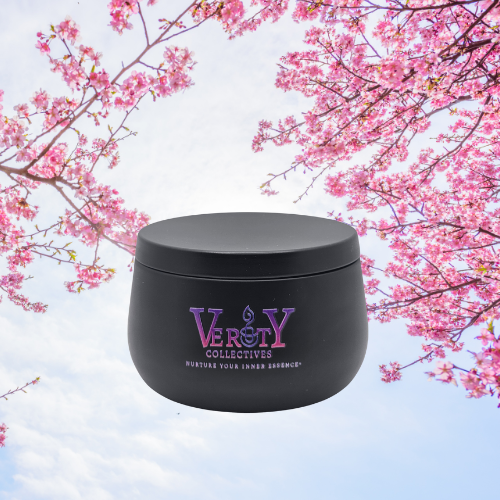 Verity Collectives Japanese Cherry Blossom black candle with Japanese Cherry Blossoms in the background