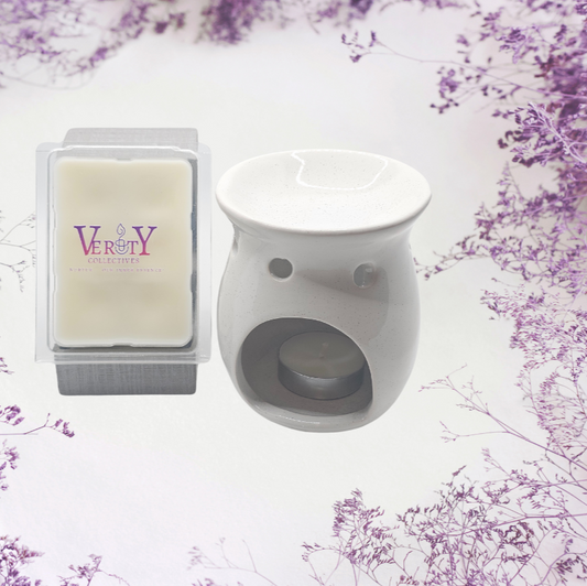 Verity Collectives wax melt with lavender flowers in the background