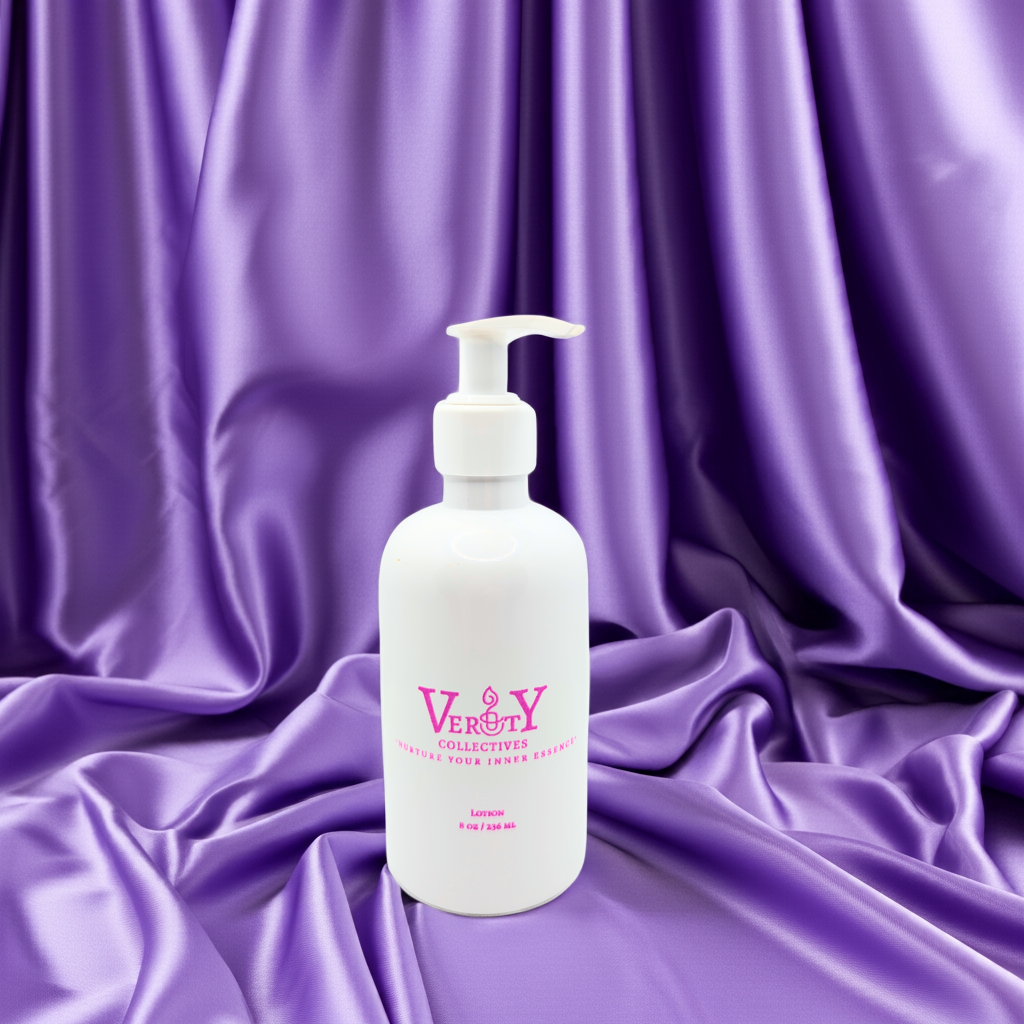 White lotion bottle with lavender satin background