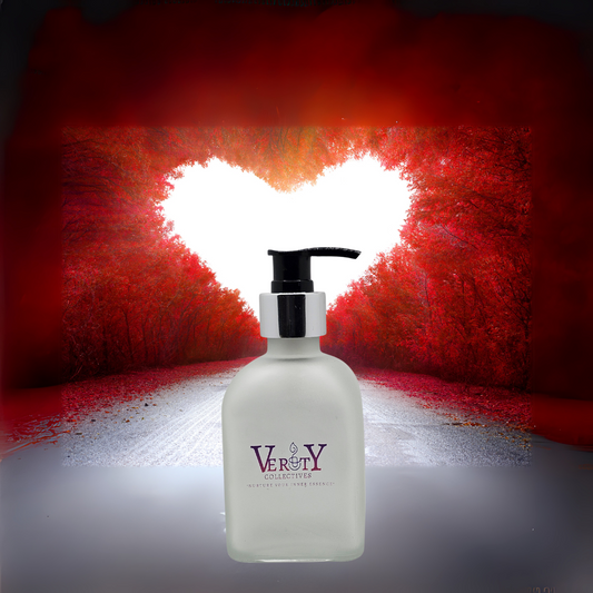 Verity Collectives Love Potion Scented Body lotion with red trees in the shape of a heart in the background
