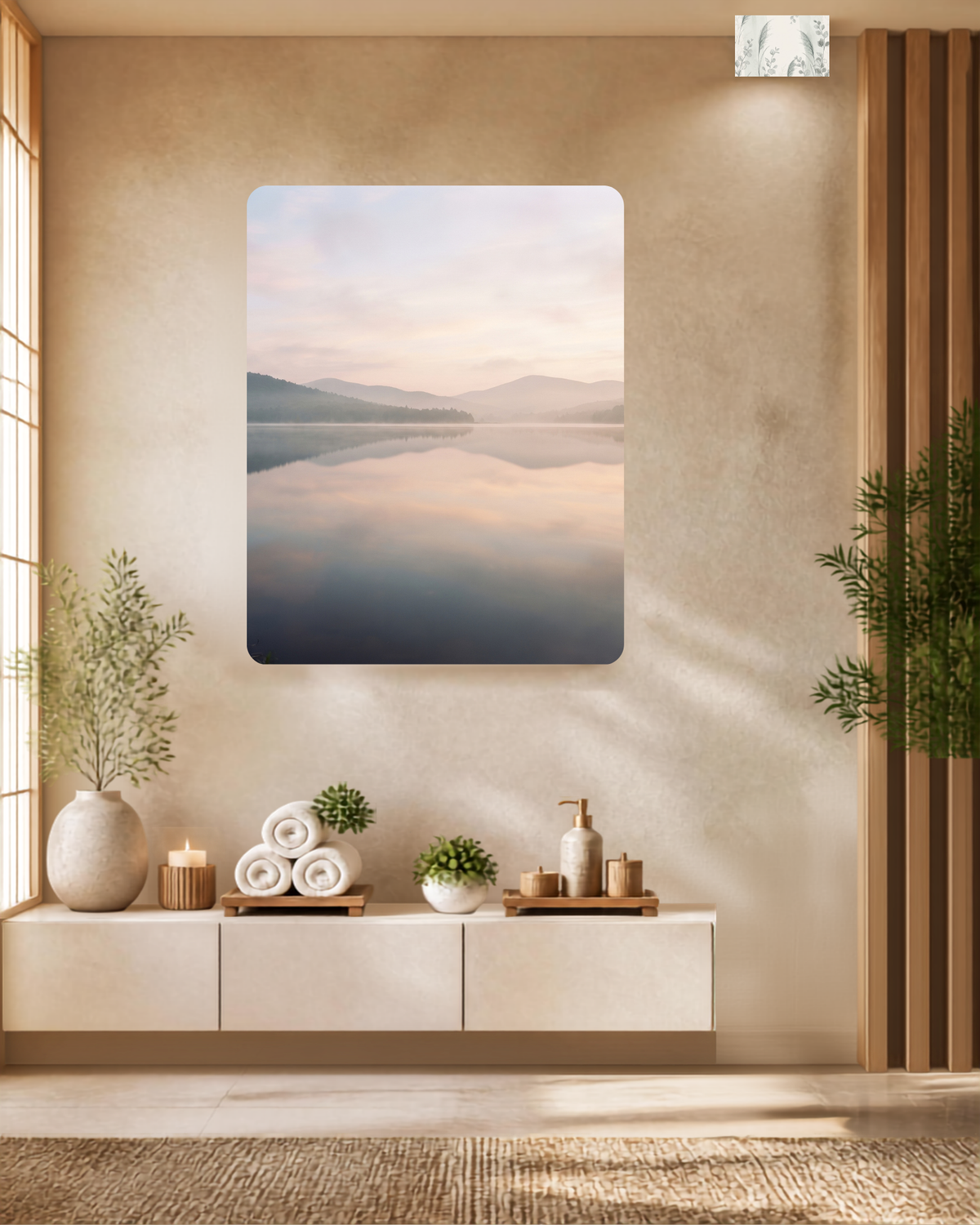 Misty mountain lake at dawn with a soft blush sky and layered hills reflected in still water