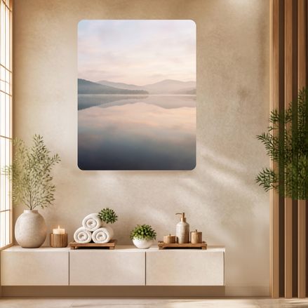 Misty mountain lake at dawn with a soft blush sky and layered hills reflected in still water