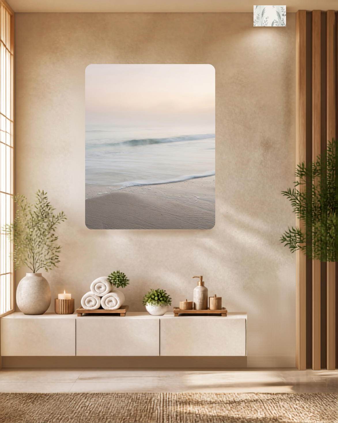 Long-exposure ocean wave rolling onto pale rippled sand under a misty blush and cream sky