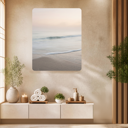 Long-exposure ocean wave rolling onto pale rippled sand under a misty blush and cream sky