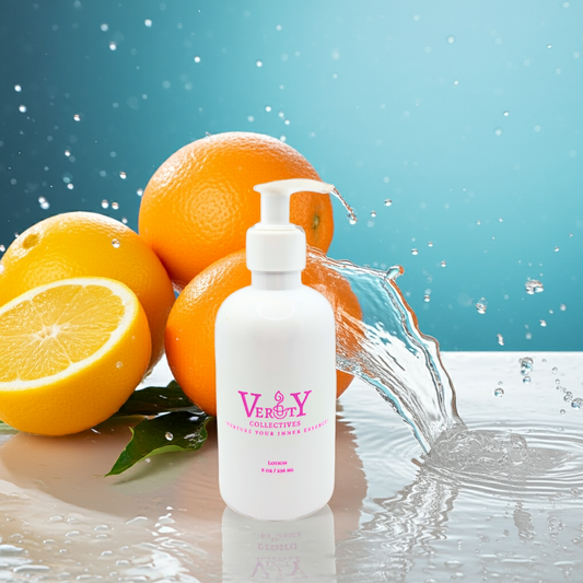 White bottle with pump labeled 'VERO' next to oranges with water splashing around