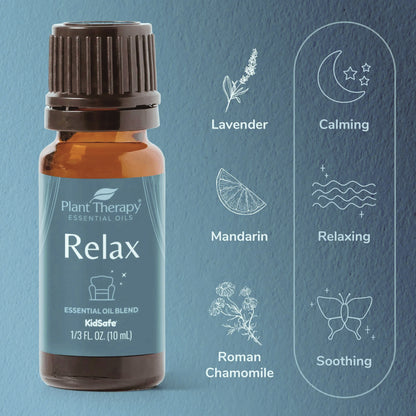 Plant Therapy Relax essential oil blend bottle with therapeutic properties on a blue background