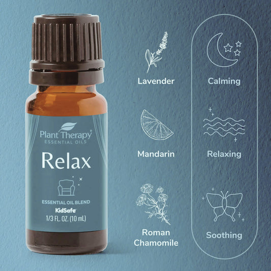 Plant Therapy Relax essential oil blend bottle with therapeutic properties on a blue background