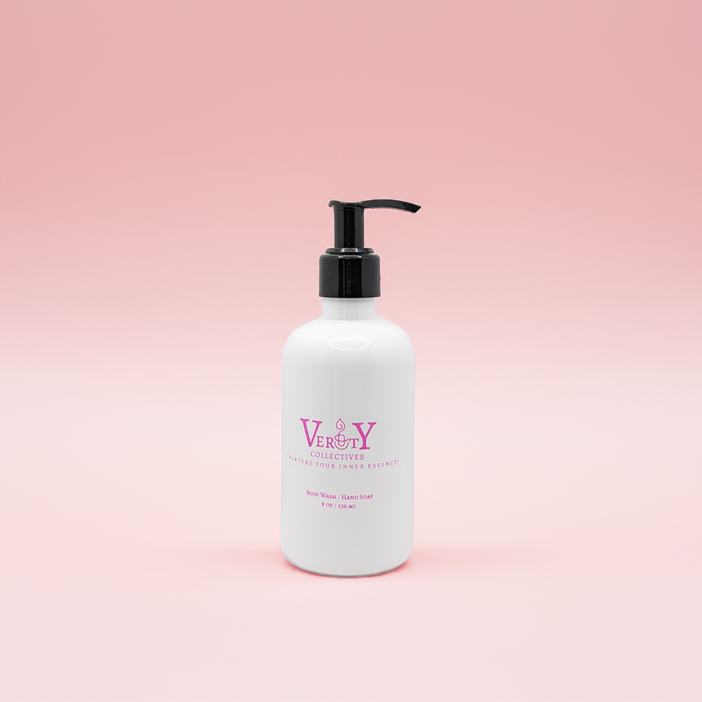 White Verity Collectives bottle with black pump on a pink background