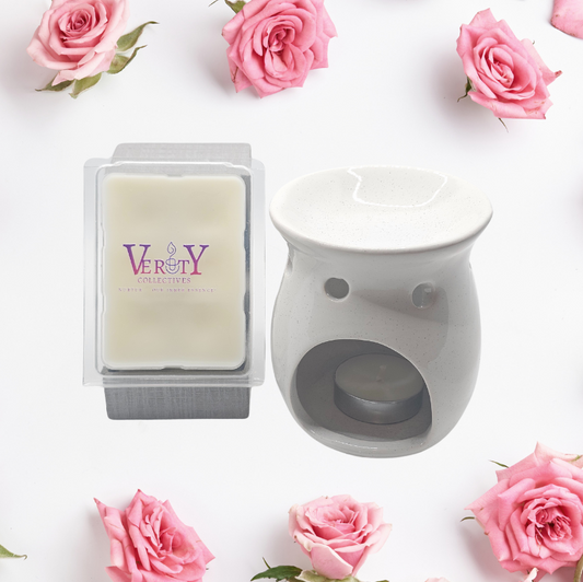 Verity Collectives wax melt with pink roses in the background