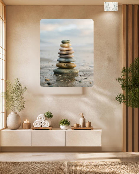 Stack of eight smooth balanced stones in sage, blush, and ochre on wet sand at the shoreline