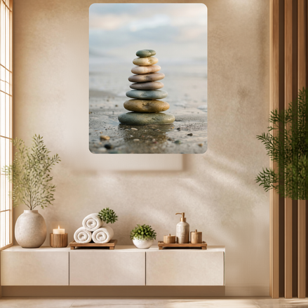Stack of eight smooth balanced stones in sage, blush, and ochre on wet sand at the shoreline