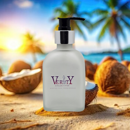Verity Collectives lotion bottle on the beach with coconuts, coconut trees, beach sand, an ocean, and the sun in the background.