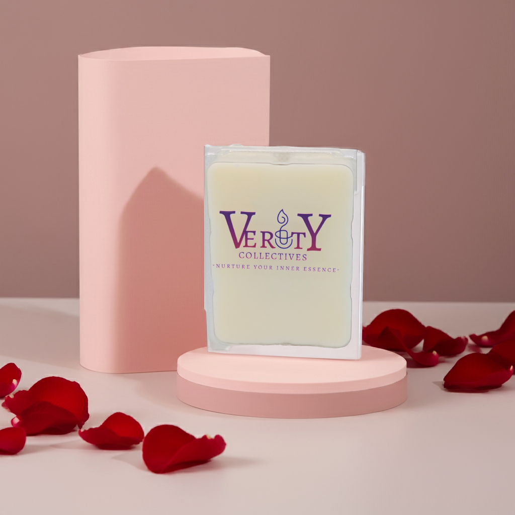 Sandalwood Rose wax melt with pink background