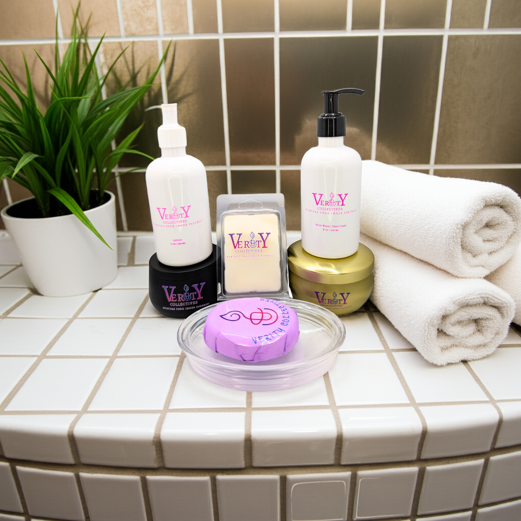 lotion bottle, hand soap, and candles