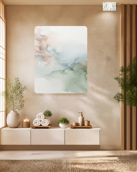 Abstract watercolor wash in blush, mist blue, and sage green on textured paper with soft gold edges
